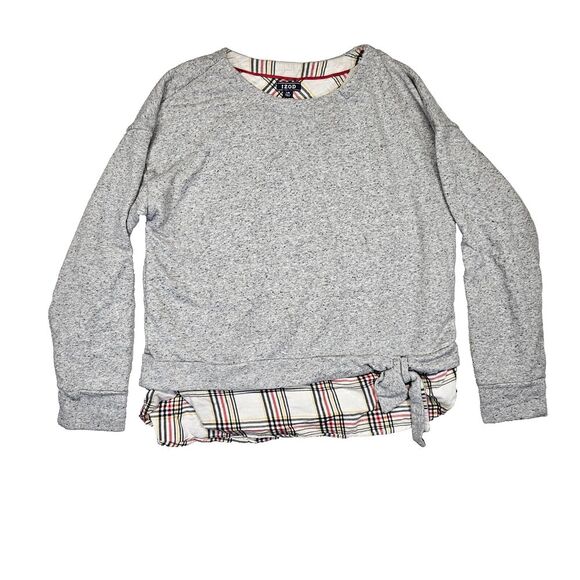 Izod Womens Sweatshirt Shirttail Hem Stretch Tie Waist Heathered‎ Gray Plaid L - Picture 1 of 9